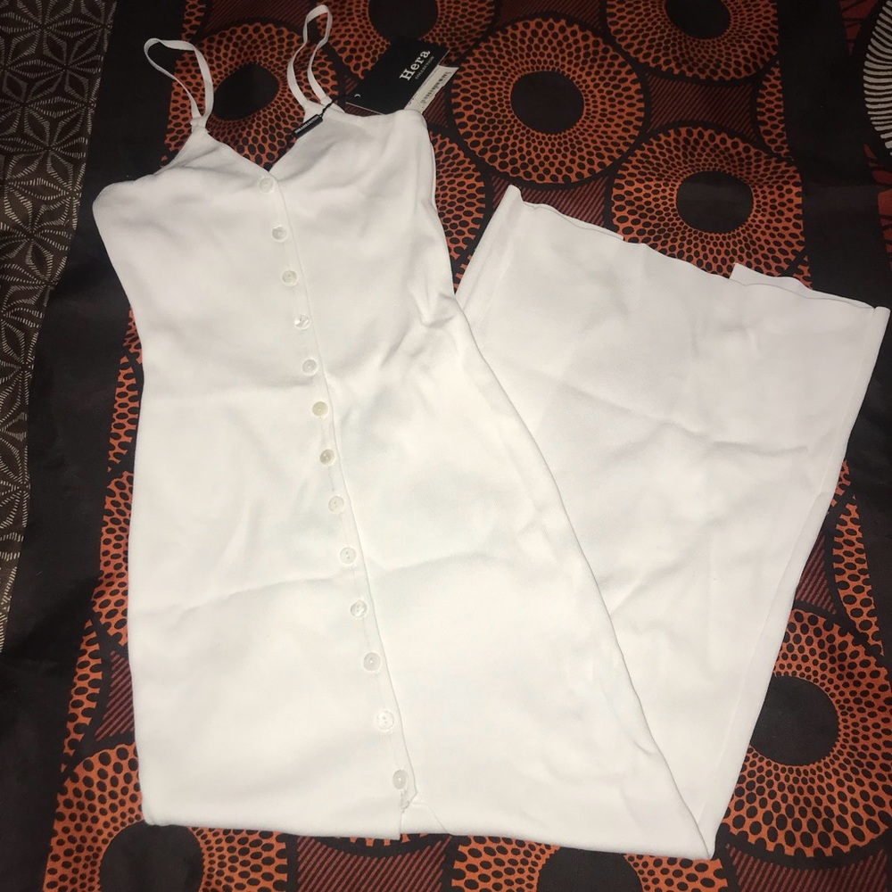 Buttoned White open front  bodycon dress- midi